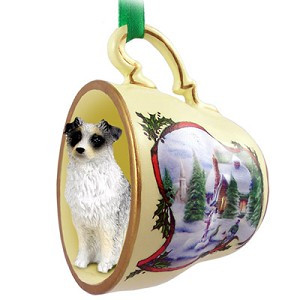 Blue Australian Shepherd Dog in Snowman Tea Cup Christmas Ornament – Hand-Painted Stone Resin