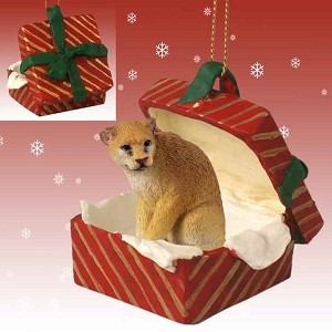 Red Cougar in Red Gift Box Christmas Ornament – Hand-Painted Stone Resin
