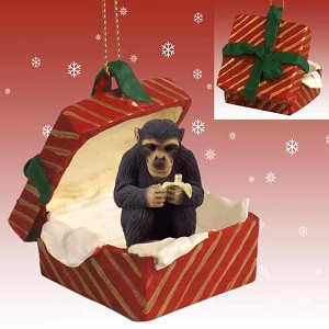 Red Chimpanzee in Red Gift Box Christmas Ornament – Hand-Painted Stone Resin