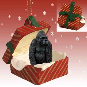 Red Gorilla in Red Gift Box Christmas Ornament – Hand-Painted Stone Resin