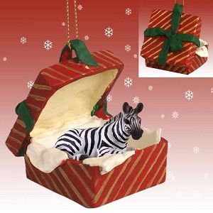 Gift Box Red Zebra in Red Gift Box Christmas Ornament – Hand-Painted Stone Resin