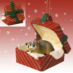 Gift Box Red Badger in Red Gift Box Christmas Ornament – Hand-Painted Stone Resin