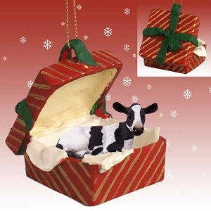 Holstein Cow in Red Gift Box Christmas Ornament – Hand-Painted Stone Resin