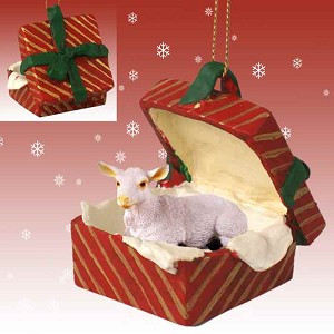 White Goat in Red Gift Box Christmas Ornament – Hand-Painted Stone Resin