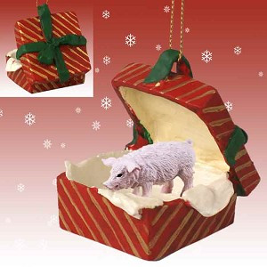 Pink Pig in Red Gift Box Christmas Ornament – Hand-Painted Stone Resin
