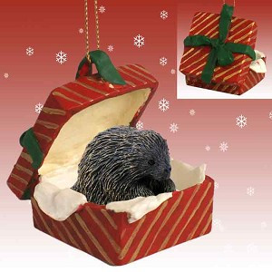 Porcupine in Red Gift Box Christmas Ornament – Hand-Painted Stone Resin
