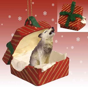 Timber Wolf in Red Gift Box Christmas Ornament – Hand-Painted Stone Resin