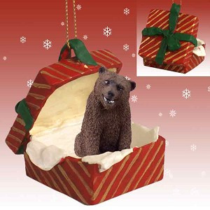 Grizzly Bear in Red Gift Box Christmas Ornament – Hand-Painted Stone Resin