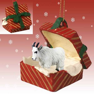 Red Mountain Goat in Red Gift Box Christmas Ornament – Hand-Painted Stone Resin
