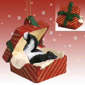Red Skunk in Red Gift Box Christmas Ornament – Hand-Painted Stone Resin