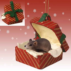 Mouse in Red Gift Box Christmas Ornament – Hand-Painted Stone Resin