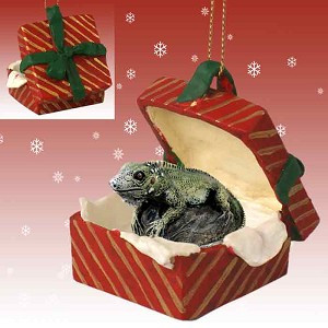 Red Gift Box Iguana in Red Gift Box Christmas Ornament – Hand-Painted Stone Resin