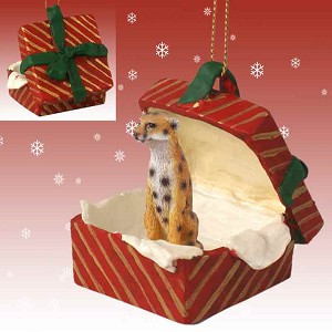 Red Gift Box Cheetah in Red Gift Box Christmas Ornament – Hand-Painted Stone Resin