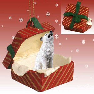 White Wolf in Red Gift Box Christmas Ornament – Hand-Painted Stone Resin