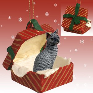 Blue Cornish Rex Cat in Red Gift Box Christmas Ornament – Hand-Painted Stone Resin