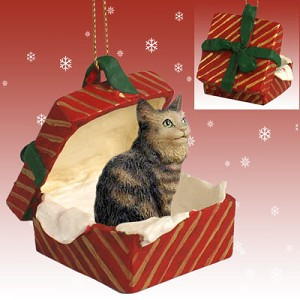 Brown Maine Coon Cat in Red Gift Box Christmas Ornament – Hand-Painted Stone Resin