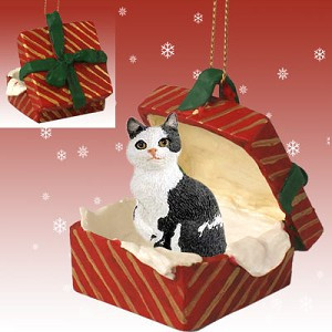 Black & White Manx Cat in Red Gift Box Christmas Ornament – Hand-Painted Stone Resin