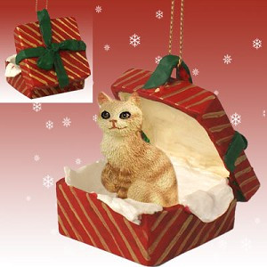 Red Tabby Manx Cat in Red Gift Box Christmas Ornament – Hand-Painted Stone Resin