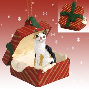 Tortoise & White Japanese Bobtail Cat in Red Gift Box Christmas Ornament – Hand-Painted Stone Resin