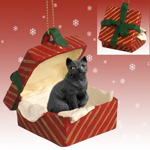 Black Shorthaired Tabby Cat in Red Gift Box Christmas Ornament – Hand-Painted Stone Resin