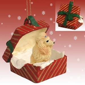 Apricot Poodle Dog in Red Gift Box Christmas Ornament – Hand-Painted Stone Resin