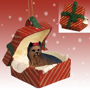 Red Yorkshire Terrier Dog in Red Gift Box Christmas Ornament – Hand-Painted Stone Resin