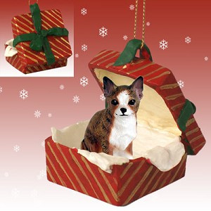 Brindle & White Chihuahua Dog in Red Gift Box Christmas Ornament – Hand-Painted Stone Resin