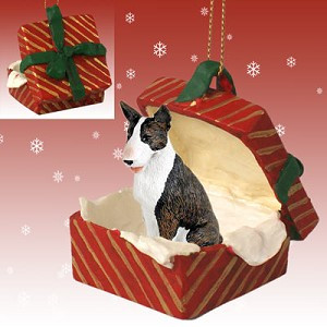 Brindle Bull Terrier Dog in Red Gift Box Christmas Ornament – Hand-Painted Stone Resin