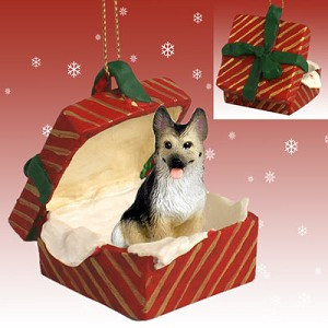Tan Black German Shepherd Dog in Red Gift Box Christmas Ornament – Hand-Painted Stone Resin