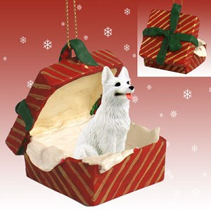 White German Shepherd Dog in Red Gift Box Christmas Ornament – Hand-Painted Stone Resin