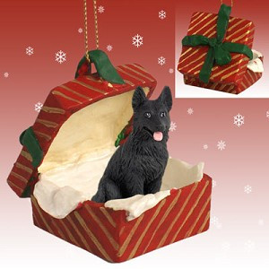 Black German Shepherd Dog in Red Gift Box Christmas Ornament – Hand-Painted Stone Resin