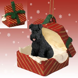 Black Uncropped Ears Schnauzer Dog in Red Gift Box Christmas Ornament – Hand-Painted Stone Resin