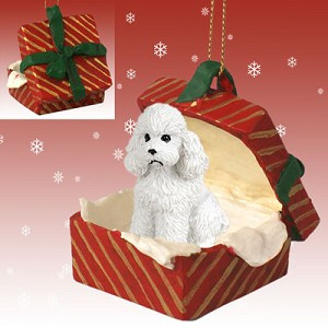White Sport Cut Poodle Dog in Red Gift Box Christmas Ornament – Hand-Painted Stone Resin