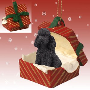 Black Sport Cut Poodle Dog in Red Gift Box Christmas Ornament – Hand-Painted Stone Resin