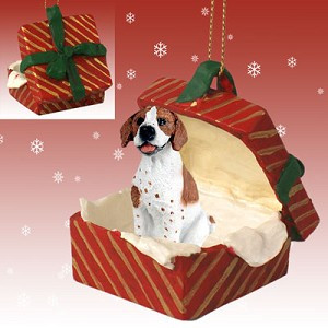 Brown & White Pointer Dog in Red Gift Box Christmas Ornament – Hand-Painted Stone Resin