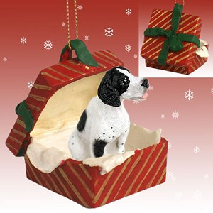 Black & White Pointer Dog in Red Gift Box Christmas Ornament – Hand-Painted Stone Resin