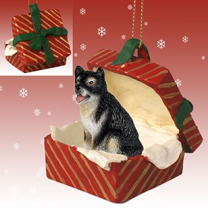 Red Gift Box Alaskan Malamute Dog in Red Gift Box Christmas Ornament – Hand-Painted Stone Resin