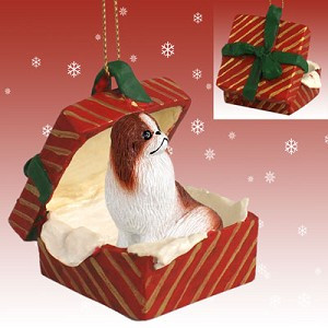 Red & White Japanese Chin Dog in Red Gift Box Christmas Ornament – Hand-Painted Stone Resin