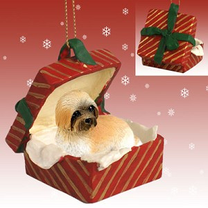 Brown Sport Cut Lhasa Apso Dog in Red Gift Box Christmas Ornament – Hand-Painted Stone Resin