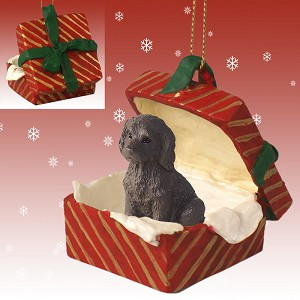 Chocolate Labradoodle Dog in Red Gift Box Christmas Ornament – Hand-Painted Stone Resin