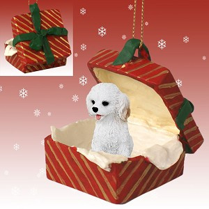 White Cockapoo Dog in Red Gift Box Christmas Ornament – Hand-Painted Stone Resin