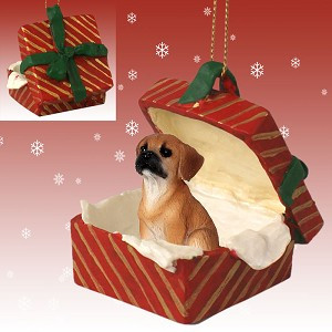 Red Gift Box Puggle Dog in Red Gift Box Christmas Ornament – Hand-Painted Stone Resin