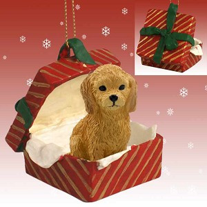 Red Goldendoodle Dog in Red Gift Box Christmas Ornament – Hand-Painted Stone Resin