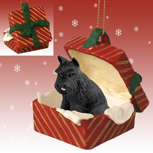 Black Schnauzer Dog in Red Gift Box Christmas Ornament – Hand-Painted Stone Resin