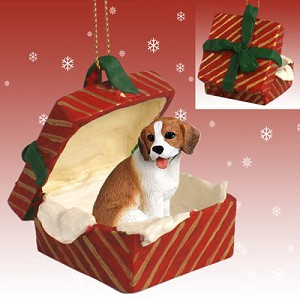 Beagle Dog in Red Gift Box Christmas Ornament – Hand-Painted Stone Resin