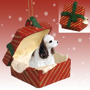 Brown & White Cocker Spaniel Dog in Red Gift Box Christmas Ornament – Hand-Painted Stone Resin