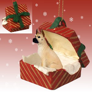 Fawn Great Dane Dog in Red Gift Box Christmas Ornament – Hand-Painted Stone Resin