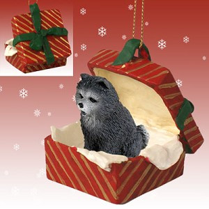 Blue Chow Dog in Red Gift Box Christmas Ornament – Hand-Painted Stone Resin