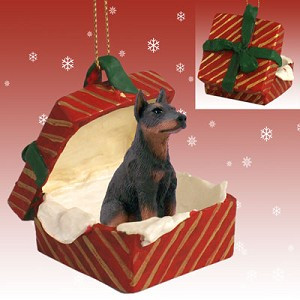Red Doberman Pinscher Dog in Red Gift Box Christmas Ornament – Hand-Painted Stone Resin
