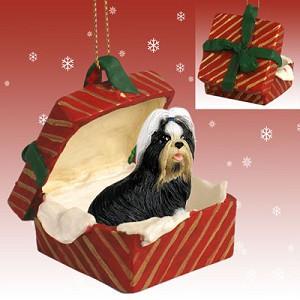 Black & White Shih Tzu Dog in Red Gift Box Christmas Ornament – Hand-Painted Stone Resin